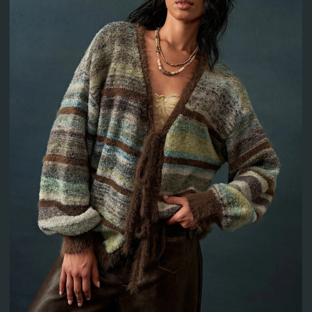 Brown Space Dye Striped Fuzzy Trim Tie Closure Oversized Cardigan